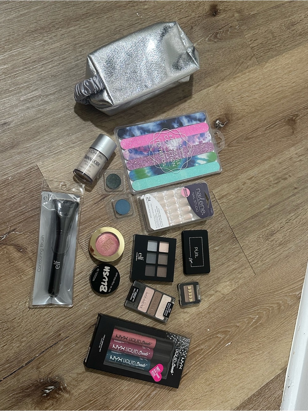 Assorted Makeup Kit with Silver Cosmetic Bag - Includes NYX, e.l.f. & More